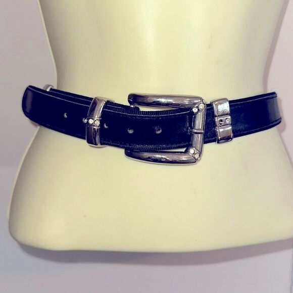 Vintage Mondi black leather belt with rhinestones & silver detailing - Picture 1 of 8
